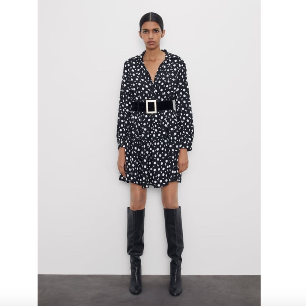 New Zara Collared Black White Floral Printed Shirt Dress Babydoll Style